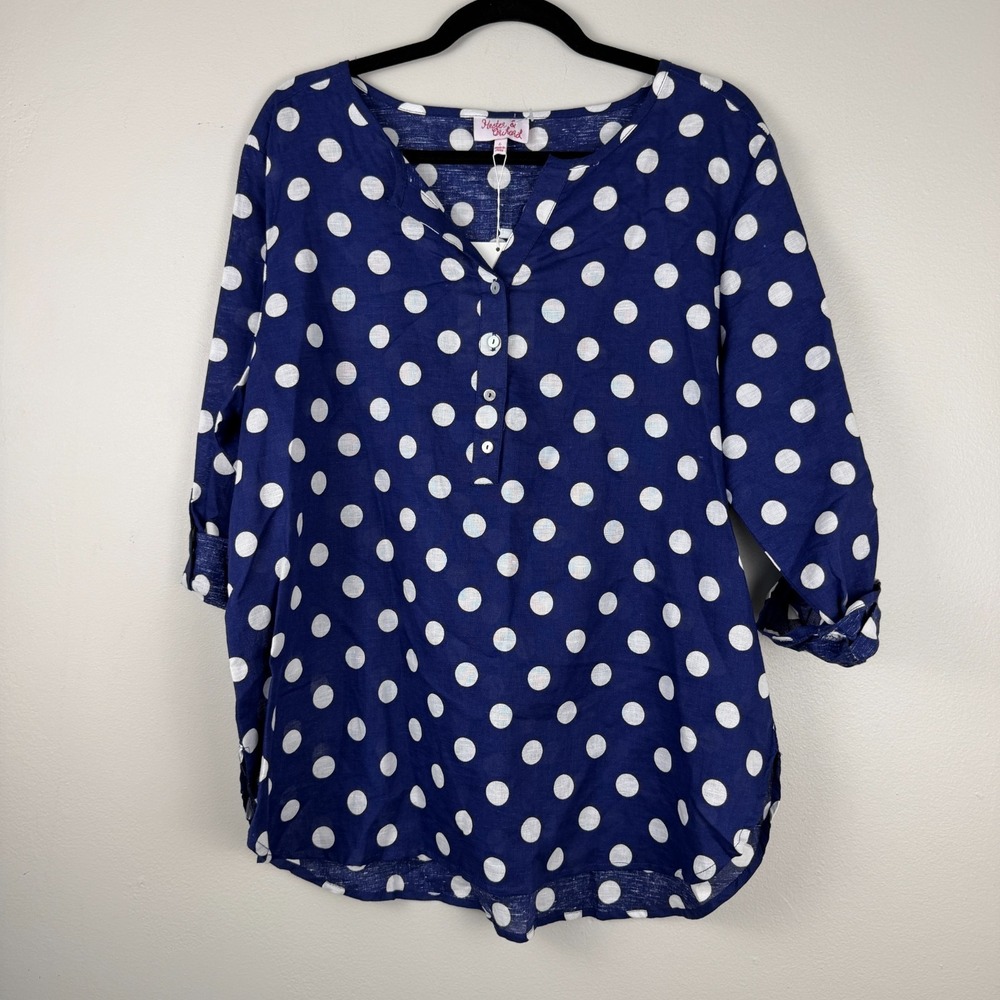 Hester & Orchard Blouse Women's Large Navy White Polka Dot 3/4 Sleeve Pullover - Picture 7 of 15